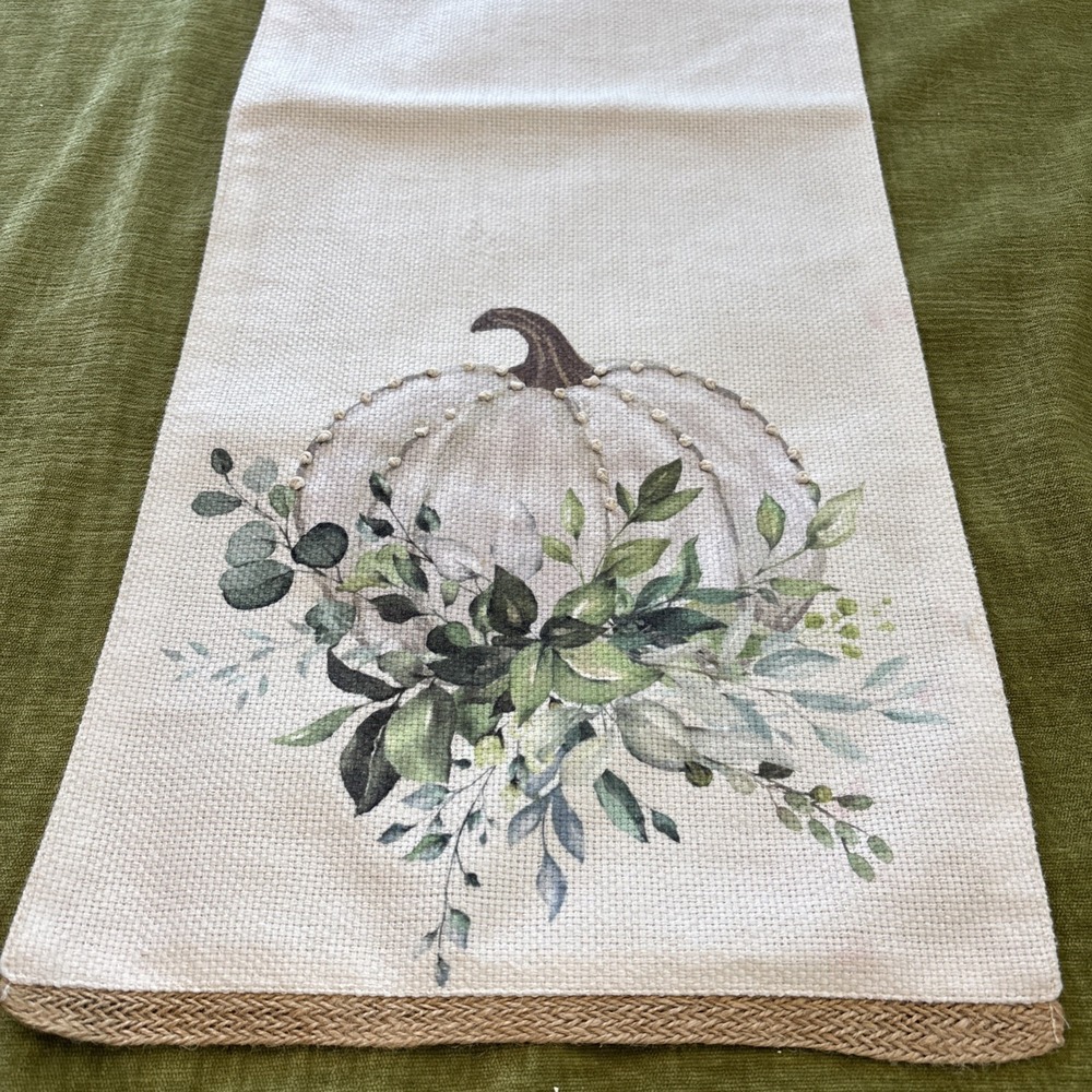 Autumn Hill Harvest Runner White Linen Burlap Gourd Modern Farmhouse 13.5x73